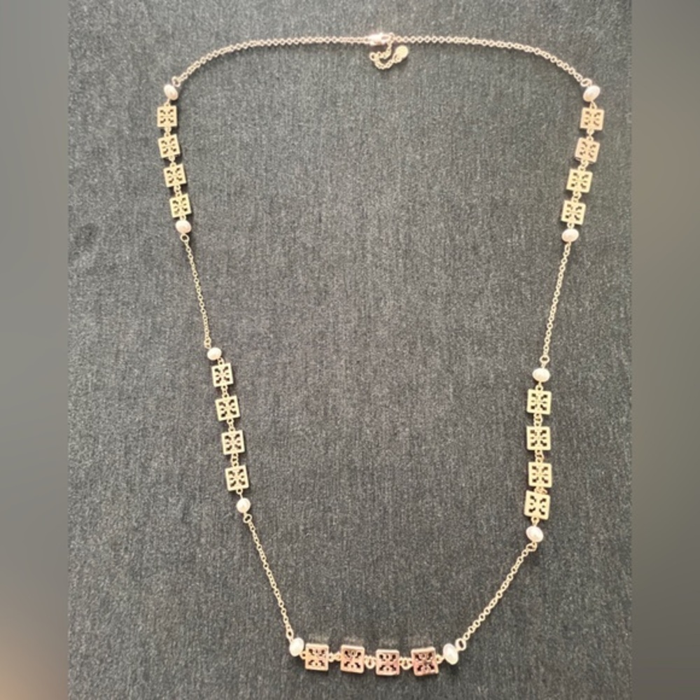 Tory Burch Gold and Pearl Long  Necklace
